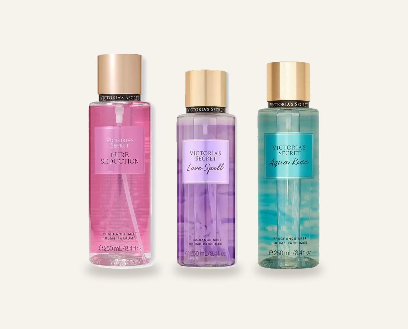 Body splash Victoria's Secret Pure Seduction, Love Spell y Aqua Kiss de 250 ml